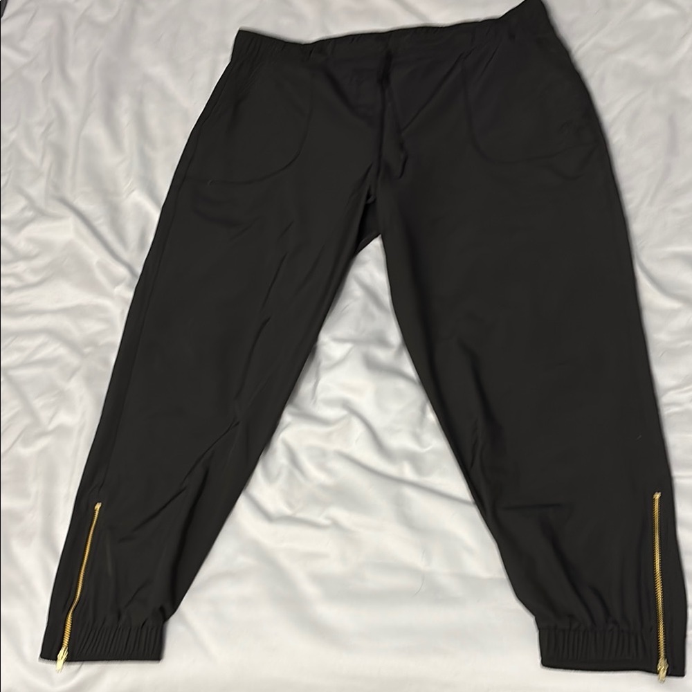 Black and Gold Tapered Track Pants with Ankle Zippers